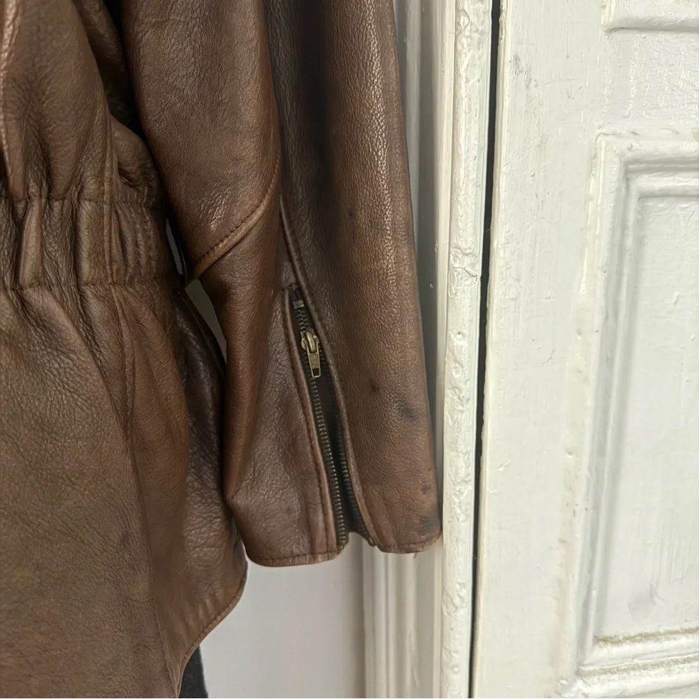 Vintage Gil Bret Brown Leather Belted Moto Jacket Distressed Biker Coat - Picture 6 of 13